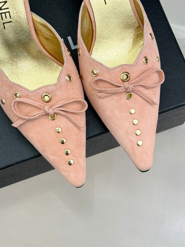 CC 25C Bowknot Pointed High Heel Half Slippers 60mm Peach Suede 265659