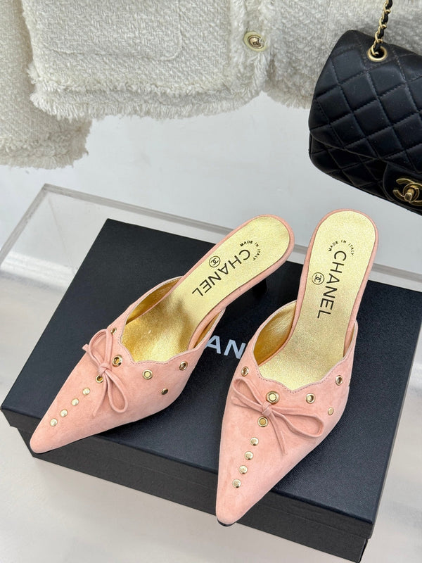 CC 25C Bowknot Pointed High Heel Half Slippers 60mm Peach Suede 265659
