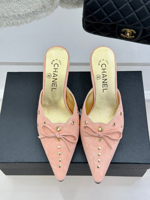 CC 25C Bowknot Pointed High Heel Half Slippers 60mm Peach Suede 265659