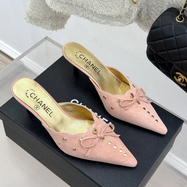 CC 25C Bowknot Pointed High Heel Half Slippers 60mm Peach Suede 265659