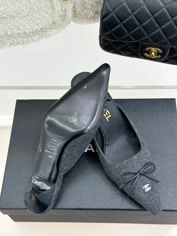CC 25C Bowknot Pointed High Heel Half Slippers 60mm Black Linen 265662