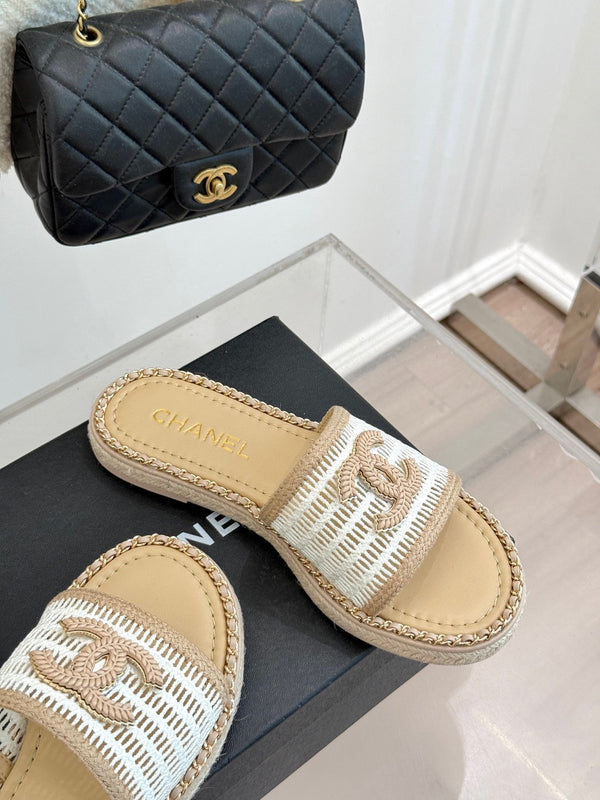 CC Mesh Hollow Chain Double C Thick-Soled Slippers 20mm Beige White 265644