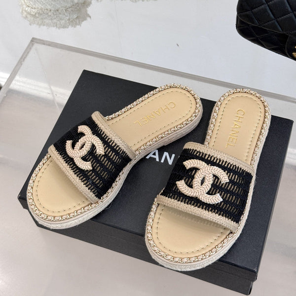 CC Mesh Hollow Chain Double C Thick-Soled Slippers 20mm Beige Black 265646
