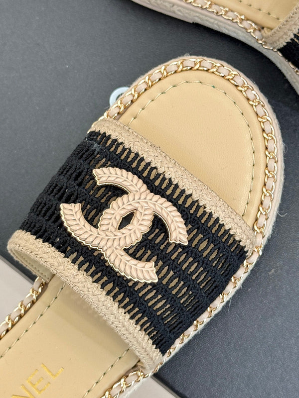 CC Mesh Hollow Chain Double C Thick-Soled Slippers 20mm Beige Black 265646