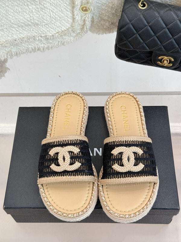 CC Mesh Hollow Chain Double C Thick-Soled Slippers 20mm Beige Black 265646