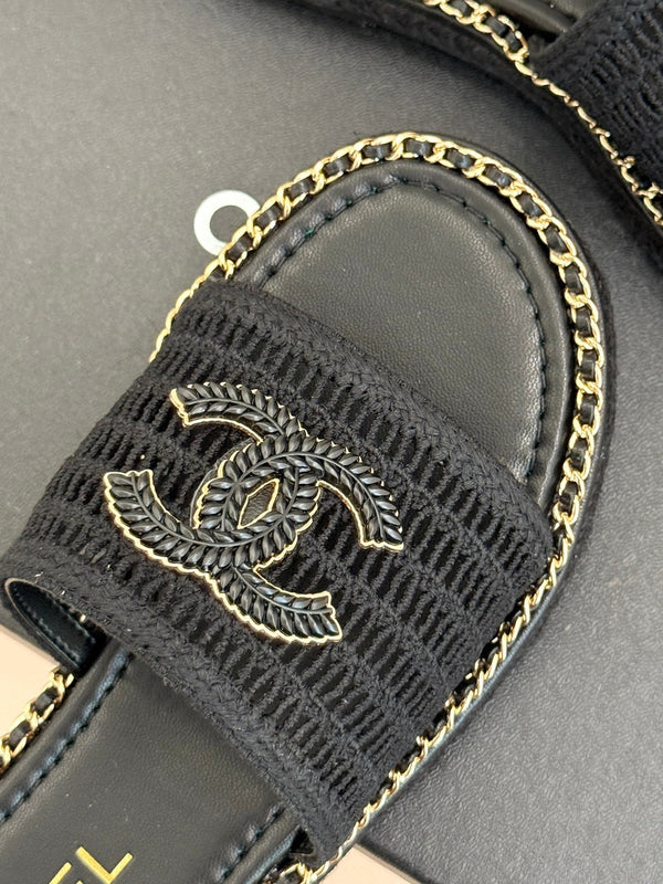 CC Mesh Hollow Chain Double C Thick-Soled Slippers 20mm Black 265647