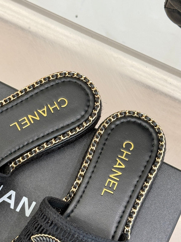 CC Mesh Hollow Chain Double C Thick-Soled Slippers 20mm Black 265647
