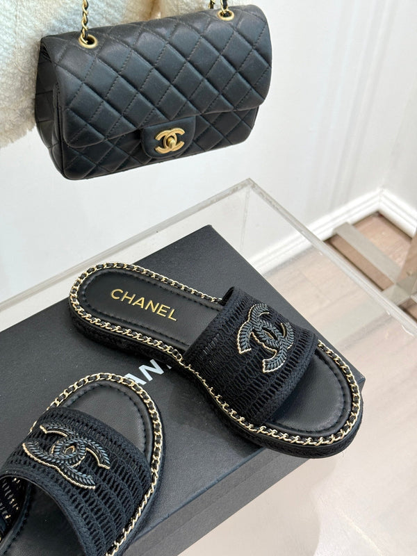 CC Mesh Hollow Chain Double C Thick-Soled Slippers 20mm Black 265647