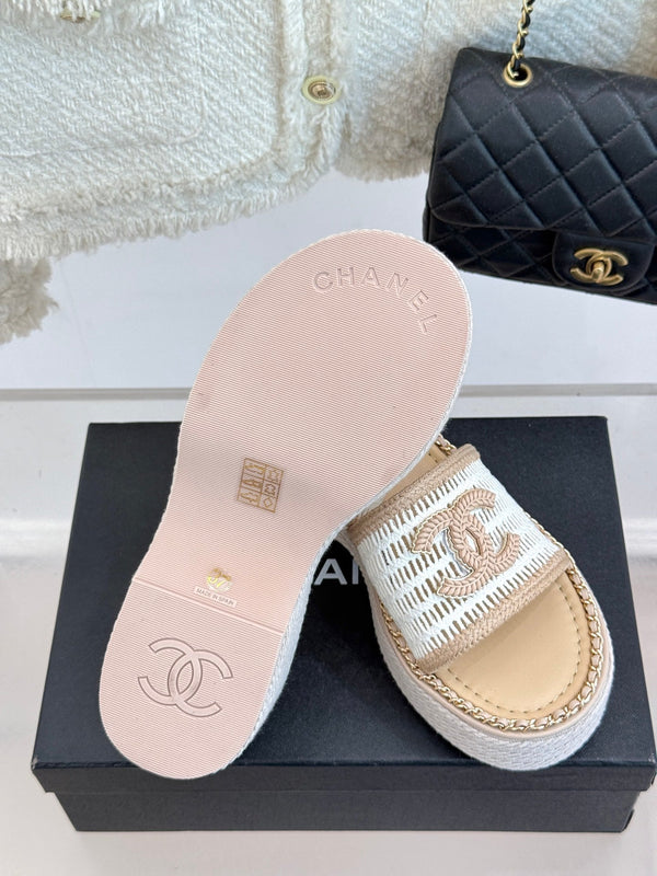 CC Mesh Hollow Chain Double C Thick-Soled Slippers 70mm Beige White 265648