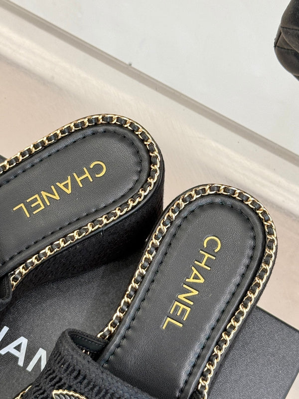 CC Mesh Hollow Chain Double C Thick-Soled Slippers 70mm Black 265651