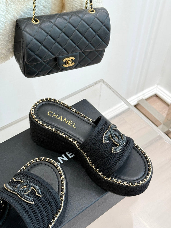 CC Mesh Hollow Chain Double C Thick-Soled Slippers 70mm Black 265651