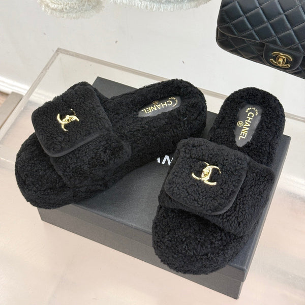 Chanel 25 Buckle Flip-up Thick-soled Slippers Black Wool 465386