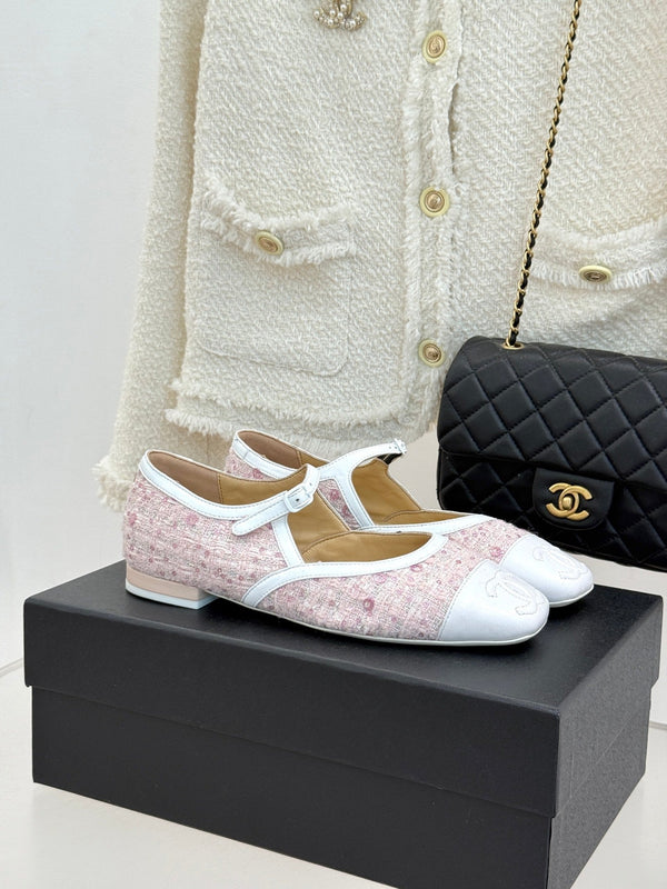 CC 26s Square-Toe Mary Jane Shoes Pink White Tweed Leather 920422