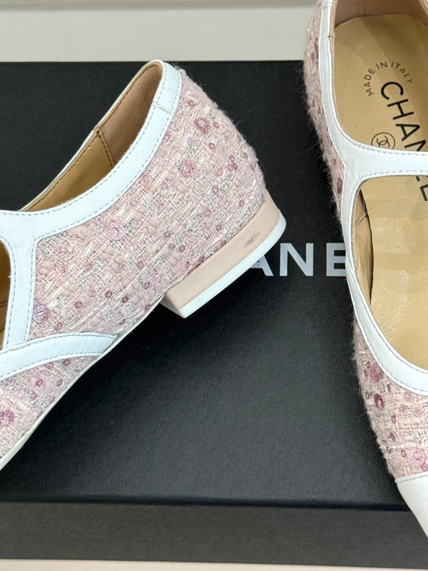 CC 26s Square-Toe Mary Jane Shoes Pink White Tweed Leather 920422