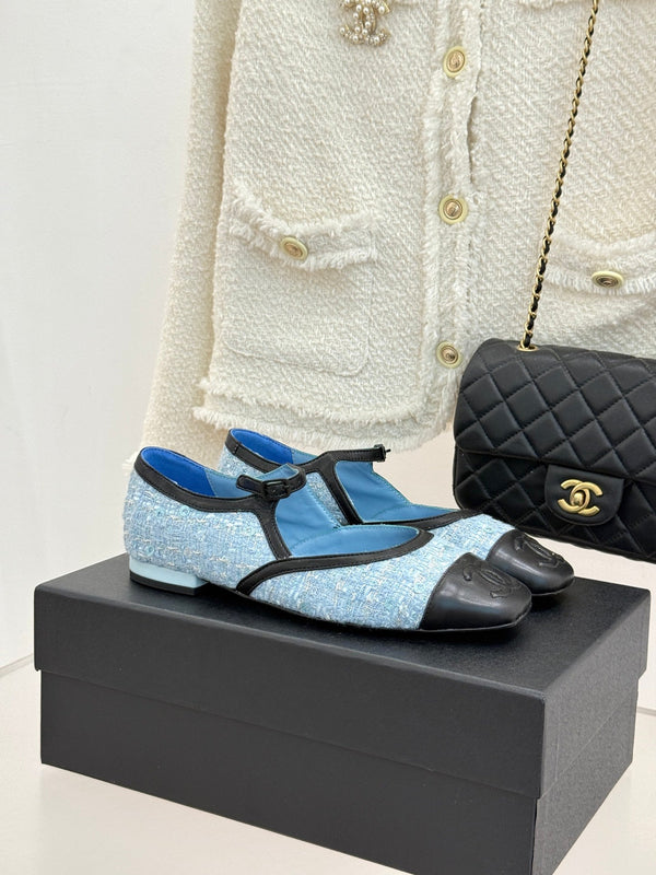 CC 26s Square-Toe Mary Jane Shoes Black Blue Tweed Leather 920423