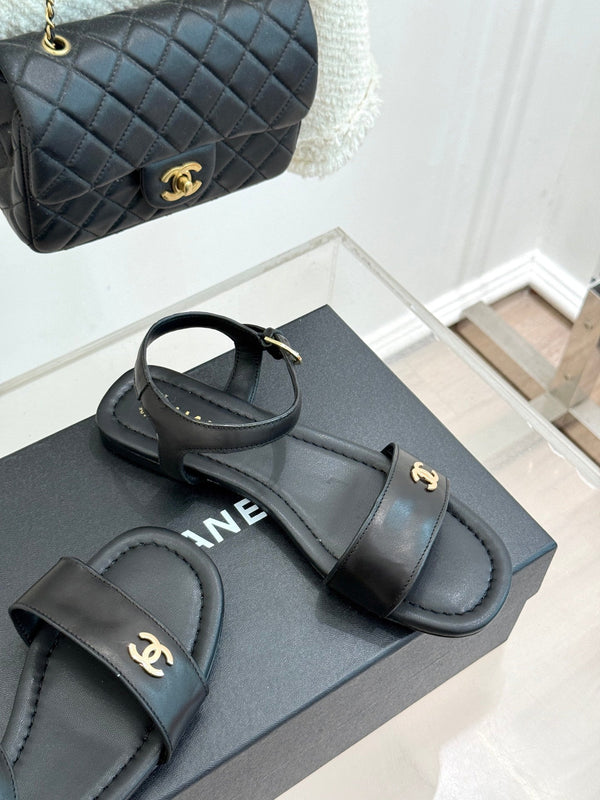 CC 26s Strap Flat Sandals Black Lambskin 920333