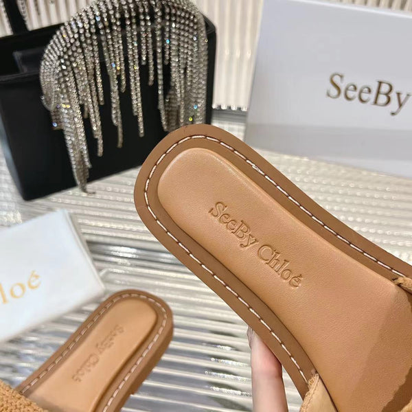 CHLOÉ WOVEN SLIDE MULE IN RUSSET BROWN WOOL AND LAMBSKIN GOLD HARDWARE