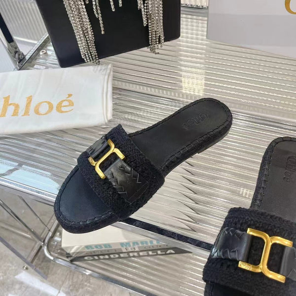 CHLOÉ WOVEN SLIPPER IN BLACK WOOL AND LAMBSKIN GOLD HARDWARE