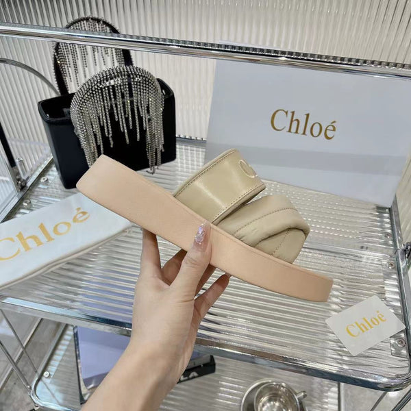 CHLOÉ MILA FLAT SLIDES 5 CM IN BEIGE EICRU CALFSKIN AND RE-NYLON