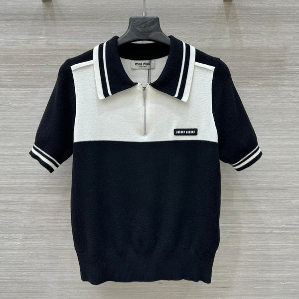 Miu Miu 25 Polo Collar Top a maniche corte Nero Bianco Tencel