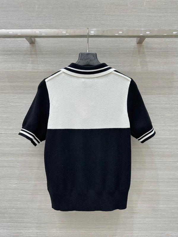 Miu Miu 25 Polo Collar Top a maniche corte Nero Bianco Tencel