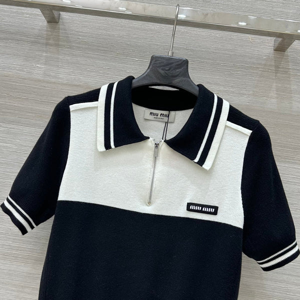Miu Miu 25 Polo Collar Top a maniche corte Nero Bianco Tencel