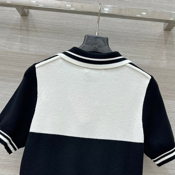 Miu Miu 25 Polo Collar Top a maniche corte Nero Bianco Tencel