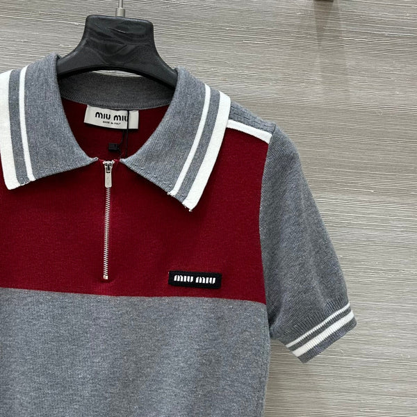 Miu Miu 25 Polo Collar Maglia a maniche corte Grigio rosso Tencel