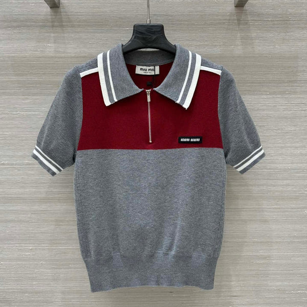 Miu Miu 25 Polo Collar Maglia a maniche corte Grigio rosso Tencel
