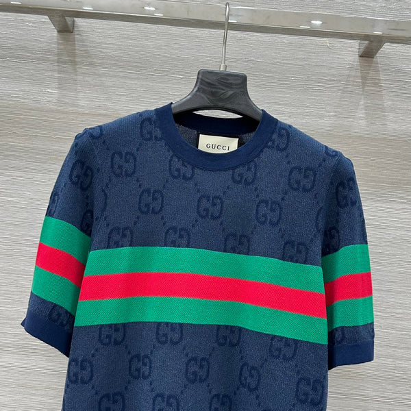 Gucci 25 Mesh Short-sleeved Top Blue Tencel