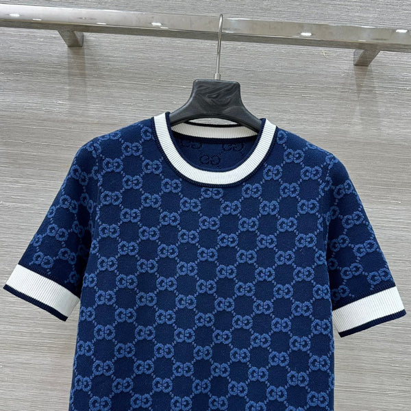 Maglia girocollo a maniche corte Gucci 25 in lana blu scuro