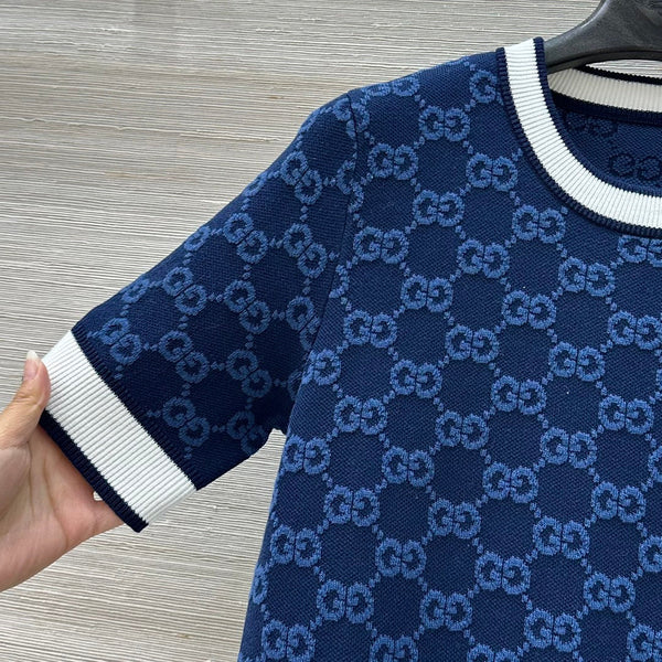 Maglia girocollo a maniche corte Gucci 25 in lana blu scuro