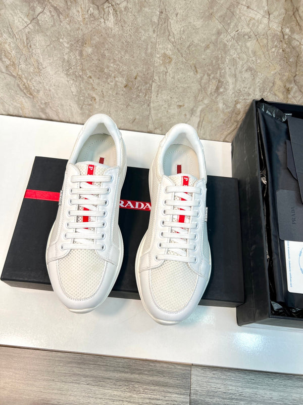 PRA SNEAKER WHITE CALFSKIN AND MESH FABRIC