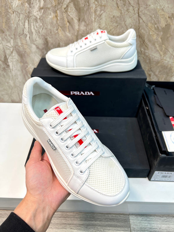 PRA SNEAKER WHITE CALFSKIN AND MESH FABRIC