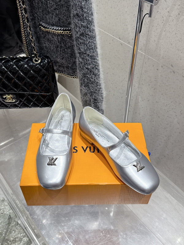 LV Swing Ballet Flat Sliver Metallic Leather 610712