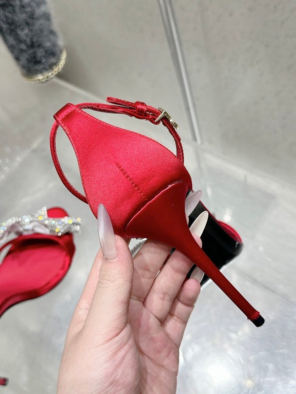 DC Rhinestone Bow Heel Sandals 105mm Red Satin & Sheepskin 359508