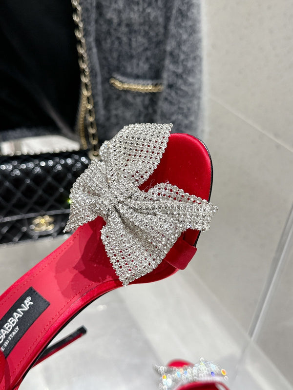 DC Rhinestone Bow Heel Sandals 105mm Red Satin & Sheepskin 359508