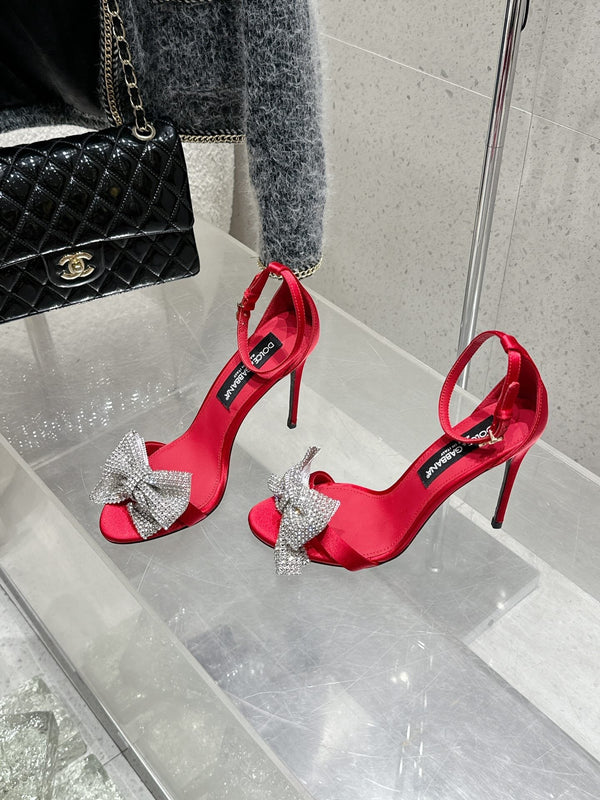 DC Rhinestone Bow Heel Sandals 105mm Red Satin & Sheepskin 359508