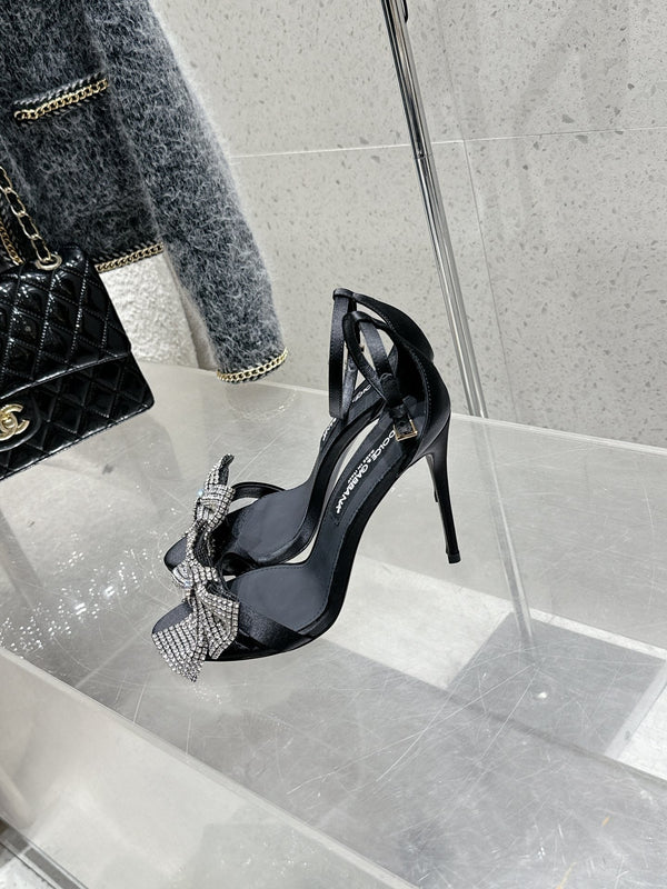 DC Rhinestone Bow Heel Sandals 105mm Black Satin & Sheepskin 359509