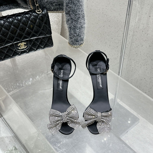 DC Rhinestone Bow Heel Sandals 105mm Black Satin & Sheepskin 359509
