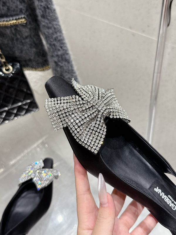 DC 25 Rhinestone Bow Slingback Pumps 40mm Black Silk & Sheepskin 359513