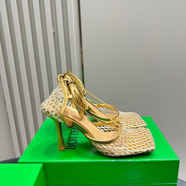 BV 26s Stretch High Heels 9cm Gold Metallize Mesh Leather