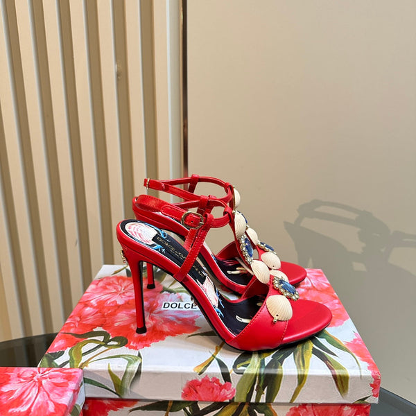 DC 24 Sandales à talons hauts en strass, cuir de vachette et mouton rouges 946161