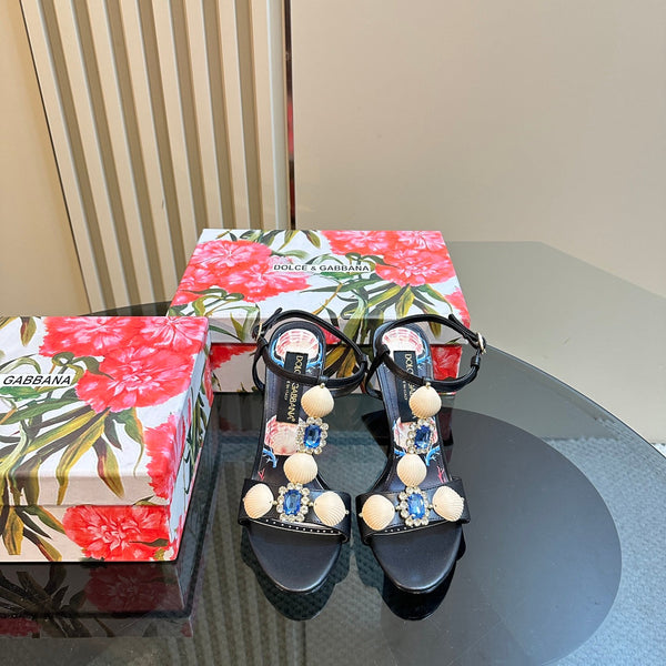 DC 24 Shell Rhinestone High Heel Sandals Black Cowhide & Sheepskin 946163