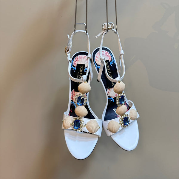 DC 24 Shell Rhinestone High Heel Sandals White Cowhide & Sheepskin 946165
