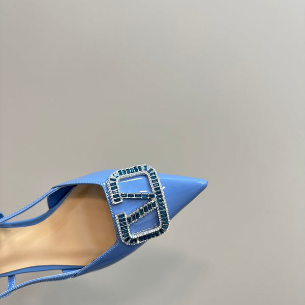 Décolleté con cinturino posteriore in pelle nappa laminata Vlogo Glow, colore blu mix beige 999033