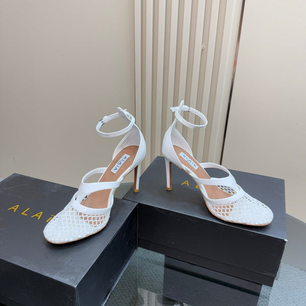 Alaia Fishnet Thong Heels Sandals White Lambskin 299659