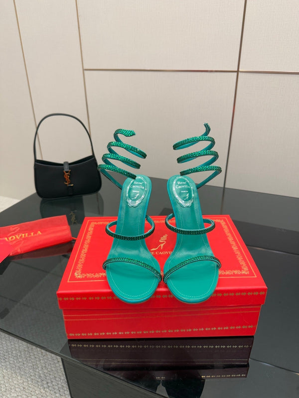 RC Sandals 9.5cm Dark Green Silk Creole Crystal Diamond 302608