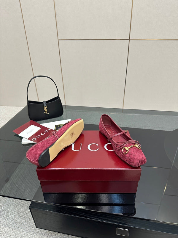 GC 25 Horsebit Ballet Flat Dark Red Monogram Suede
