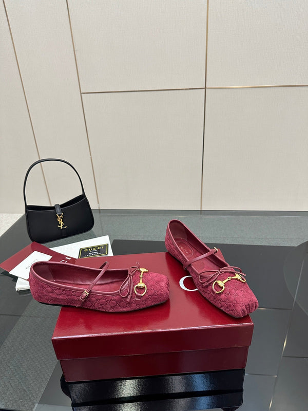 GC 25 Horsebit Ballet Flat Dark Red Monogram Suede